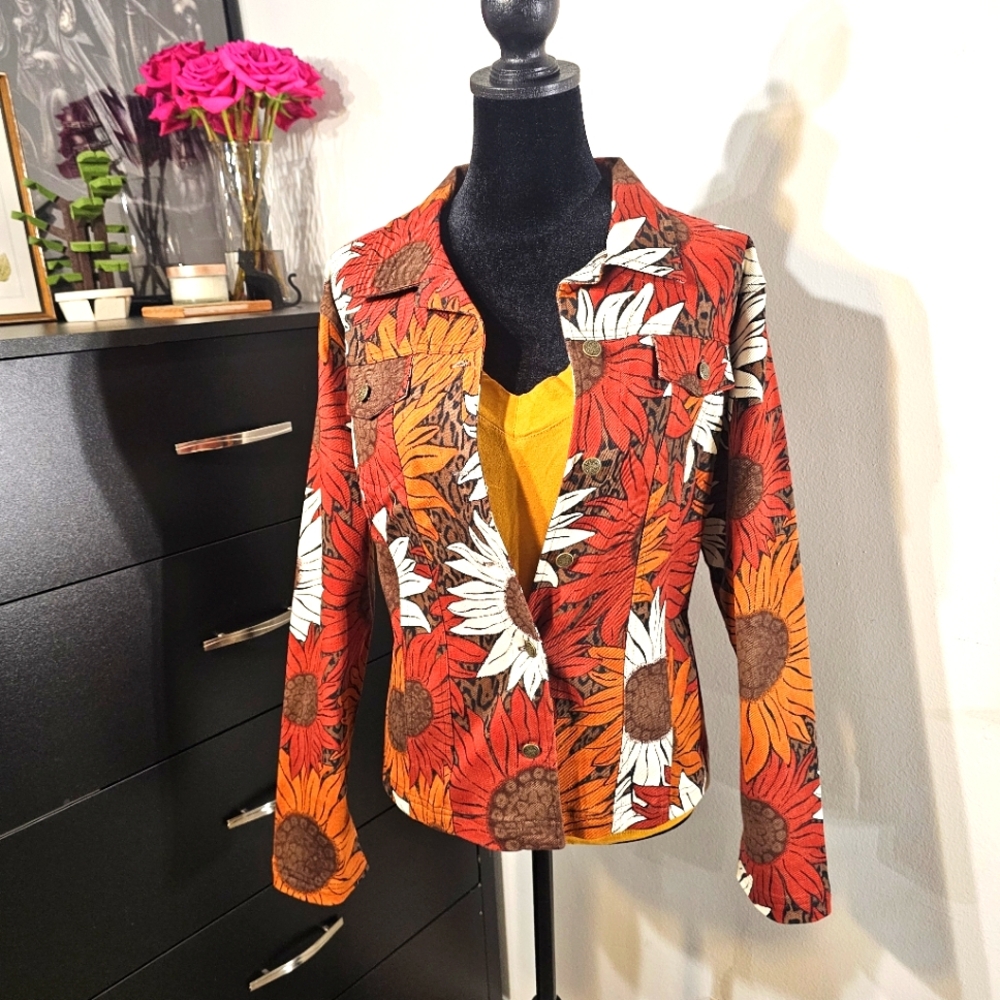 L French Laundry, burgundy, sunflowers pattern jean jacket.